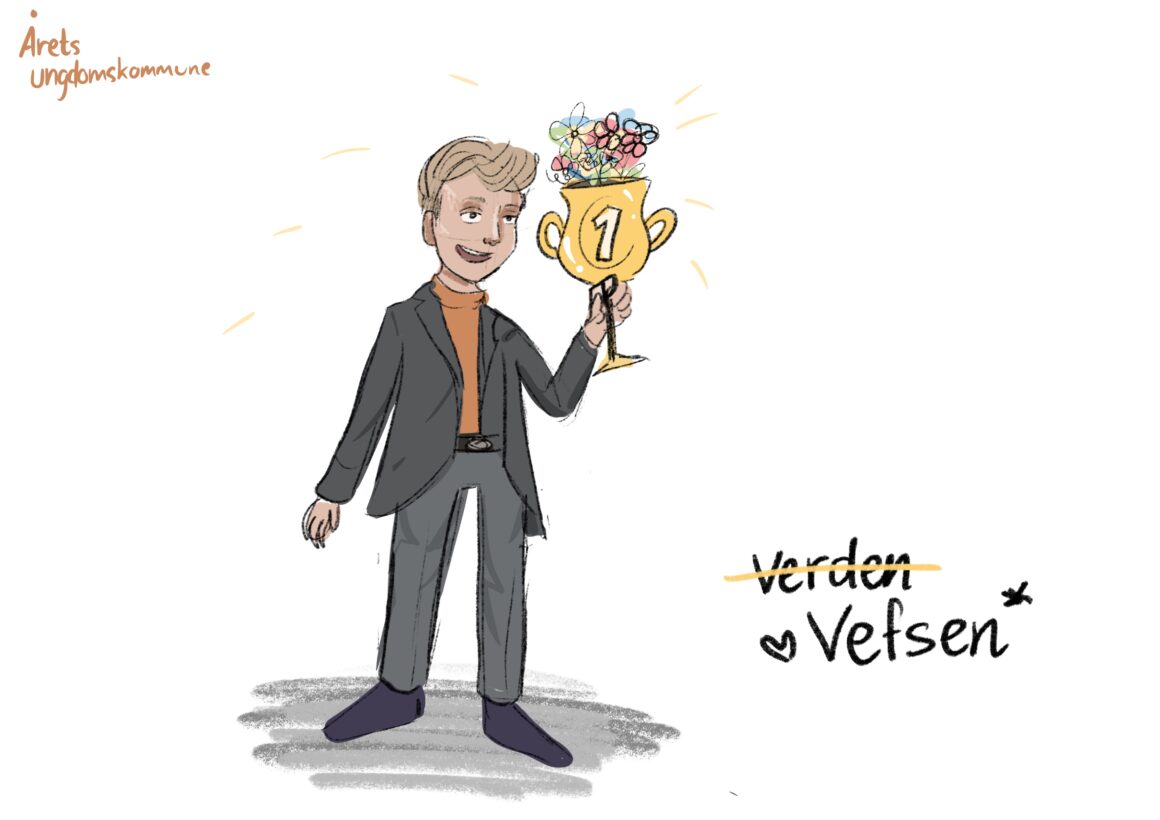 Illustrasjon av ungdom fra Vefsn som holder opp en pokal