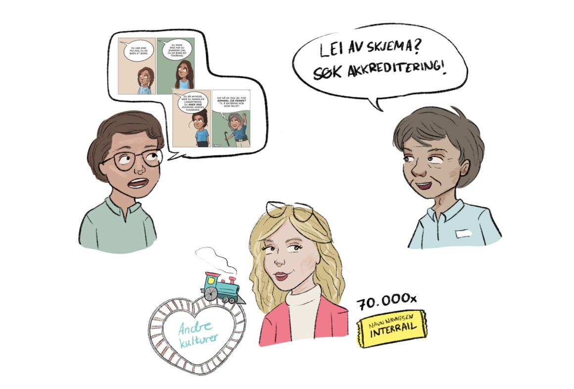 Illustrasjon av tre Erasmus+-ansatte