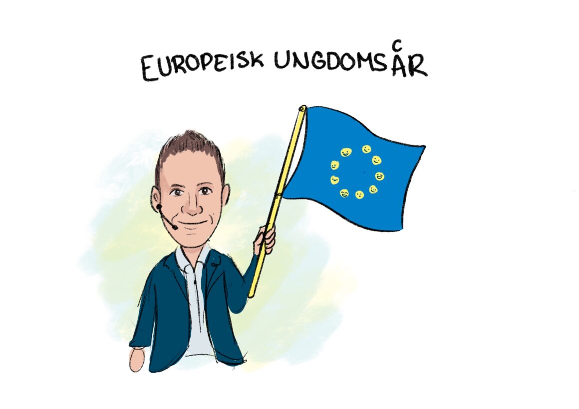 Illustrasjon av konferansier som holder et EU-flagg og feirer Europeisk ungdomsår