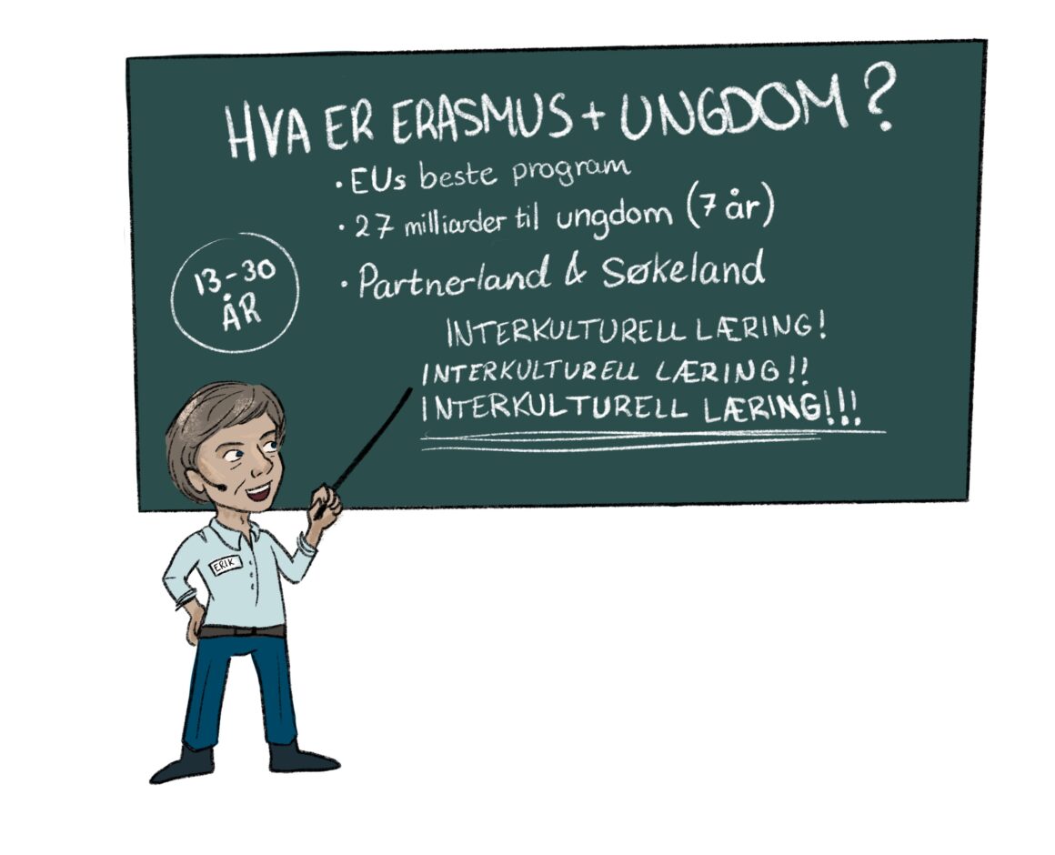 Illustrasjon av en mannlig ansatt som står foran en tavle og forklarer hva Erasmus+-programmet er.
