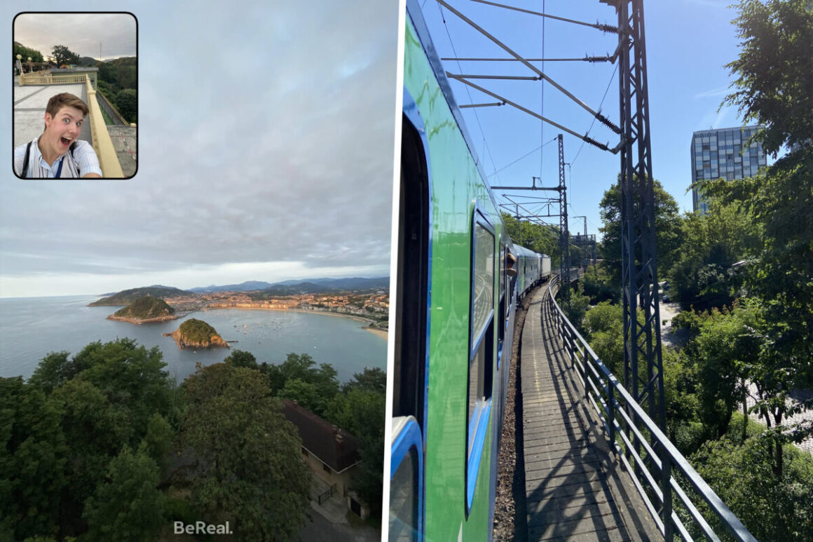 Tre bilder i ett: en selfie av en ung gutt på en bro, ett utsiktsbilde fra San Sebastian og et bilde ut av et togvindu.