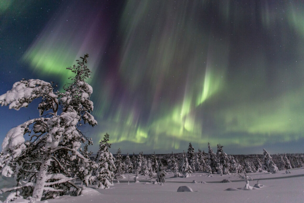 Et snødekt landskap under en himmel med nordlys